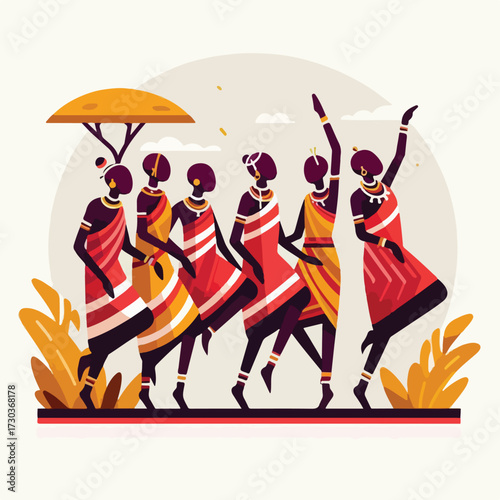 Maasai tribe dancing with a simple and minimalist flat design using a white background