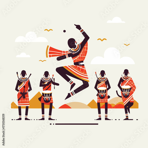 Maasai tribe dancing with a simple and minimalist flat design using a white background
