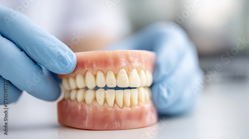 Dental procedure with gloved hands demonstrating implant installation into jaw model