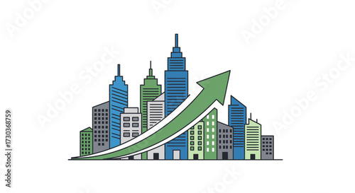 Illustrated city skyline with upward trending arrow showing growing urban development