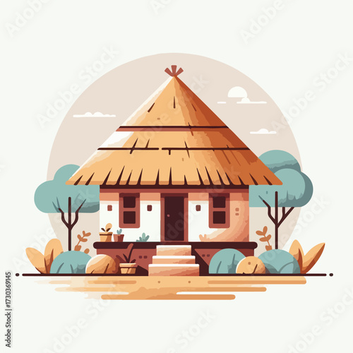 African village thatched house with a simple and minimalist flat design using a white background