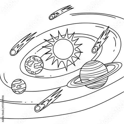 Celestial Symphony: A line drawing of the solar system, where planets dance in graceful orbits around the radiant sun, accompanied by celestial dancers, creating an enchanting image