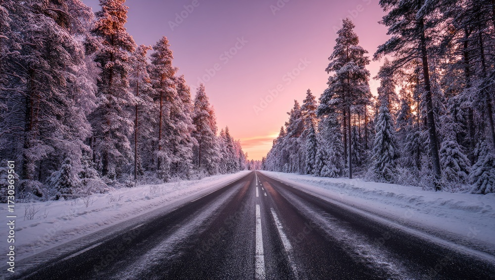 Fototapeta premium Road through snow covered forest during sunset with clear sky