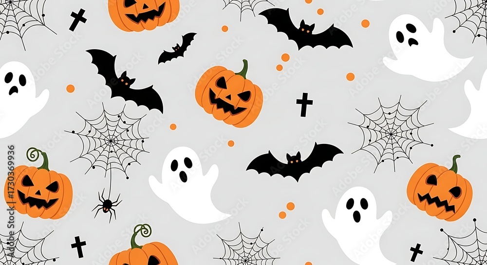 Fototapeta premium A festive halloween pattern featuring grinning jackolanterns, playful ghosts, silhouetted bats, intricate spiderwebs, and small crosses on a light gray background