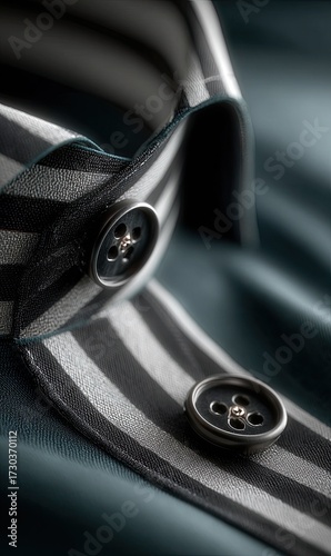 Close-up of a teal shirt collar with black and white stripes