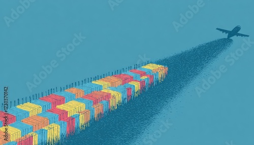 Colorful shipping containers lined up, with people silhouettes and a plane in the distance