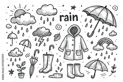 Hand-drawn rainy day elements: umbrella, raindrops, clouds, boots, sun