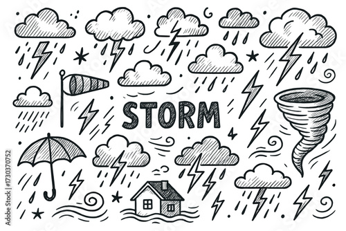 Hand-drawn storm elements: clouds, tornado, lightning, rain, wind