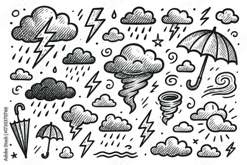 Hand-drawn weather icons: clouds, lightning, rain, umbrella, tornado