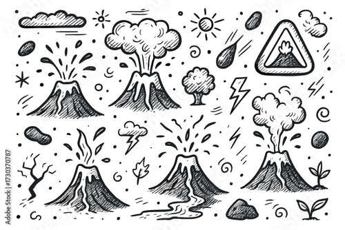 Hand-drawn volcanic eruptions with lava, ash, and nature elements in doodle style