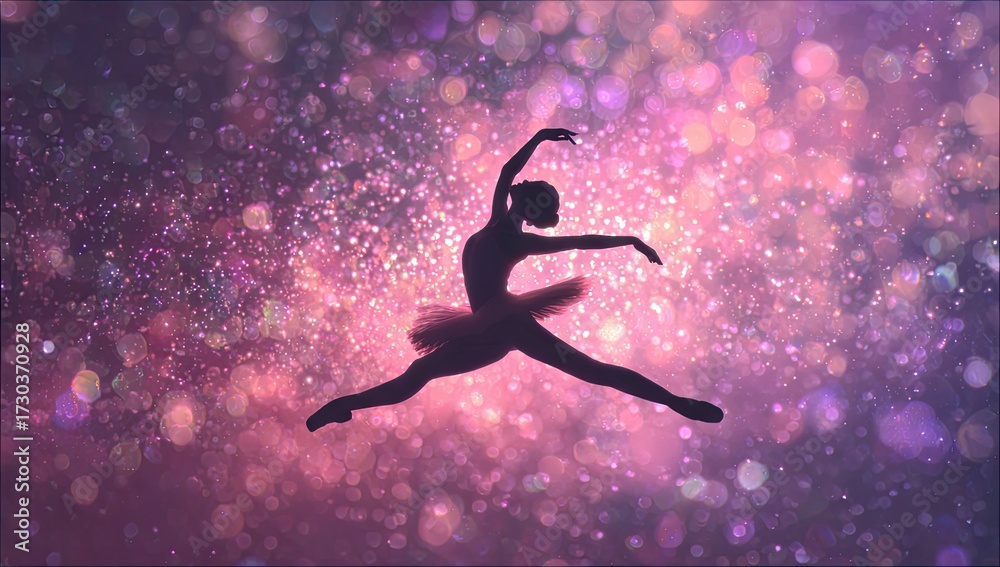 Naklejka premium Silhouette of a ballerina leaping against a vibrant cosmic backdrop