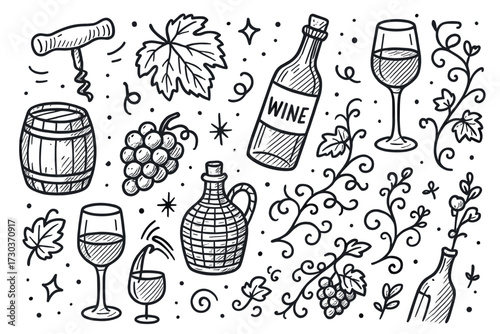 Hand-drawn wine elements with bottles, glasses, grapes, and leaves in black and white