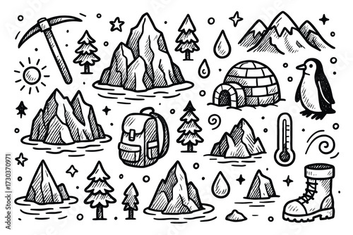 Hand-drawn mountain adventure scene with igloo, penguin, and hiking gear