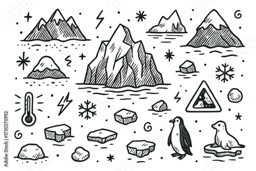 Hand-drawn arctic landscape with icebergs, penguins, and seals in winter scene