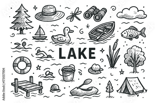 Hand-drawn lake elements with duck, boat, and trees in doodle style