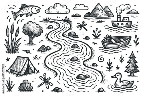 Hand-drawn nature scene with river, boat, fish, trees, and mountains in black and white