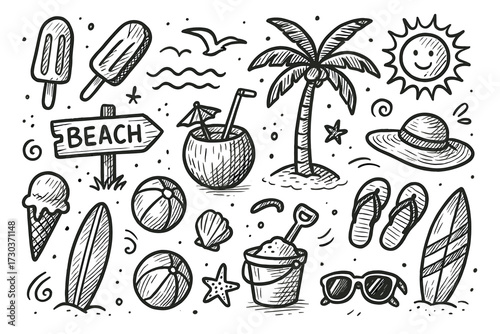 Hand-drawn summer beach elements: palm tree, surfboard, ice cream, sun, coconut drink, and more