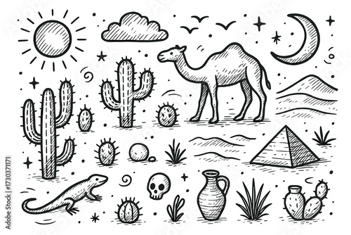 Desert scene with camel, cacti, and pyramids in doodle art style