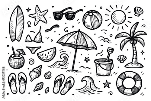 Hand-drawn summer beach doodles with umbrella, surfboard, and palm tree