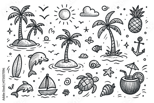Tropical doodle art with palm trees, dolphins, and beach elements