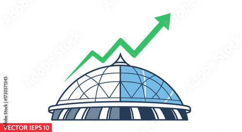 Illustration of building structure with upward pointing arrow indicating growth graph