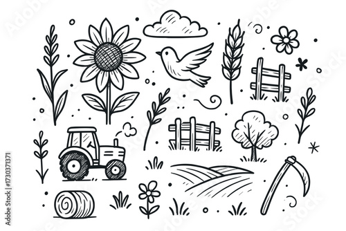Black and white farm doodles: tractor, sunflower, bird, and nature elements