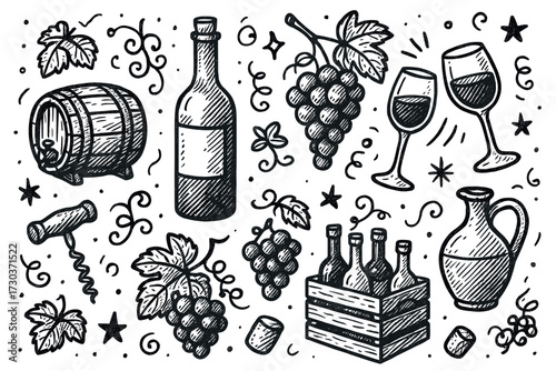 Vintage wine elements: grapes, bottles, and barrels in rustic illustration