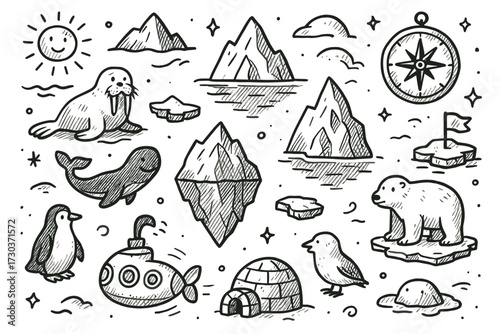 Black and white arctic adventure doodle with marine life and icebergs