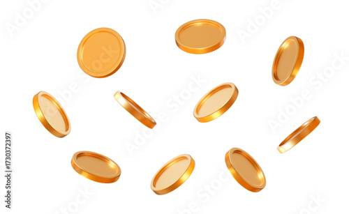 3D set realistic golden coins with different angles.  Symbol of gold and wealth. Stock vector illustration on isolated background.
