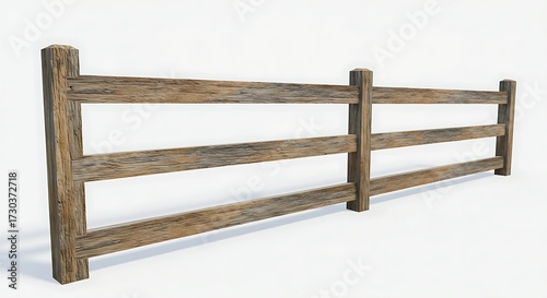 A rustic, weathered wooden fence with three long horizontal planks spanning vertical posts. The fence runs diagonally from left to right against a white background.