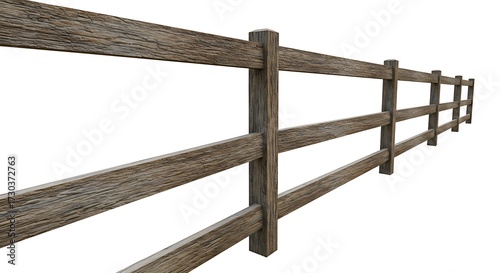 A rustic, weathered wooden fence with three long horizontal planks spanning vertical posts. The fence runs diagonally from left to right against a white background.