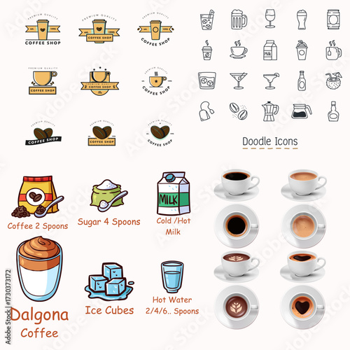 Vector set featuring coffee shop logos, doodle-style icons, Dalgona coffee recipe, and cup variations. Great for print, web, branding, and educational coffee content.