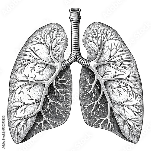 Detailed anatomical illustration of human lungs a black and white engraving style
