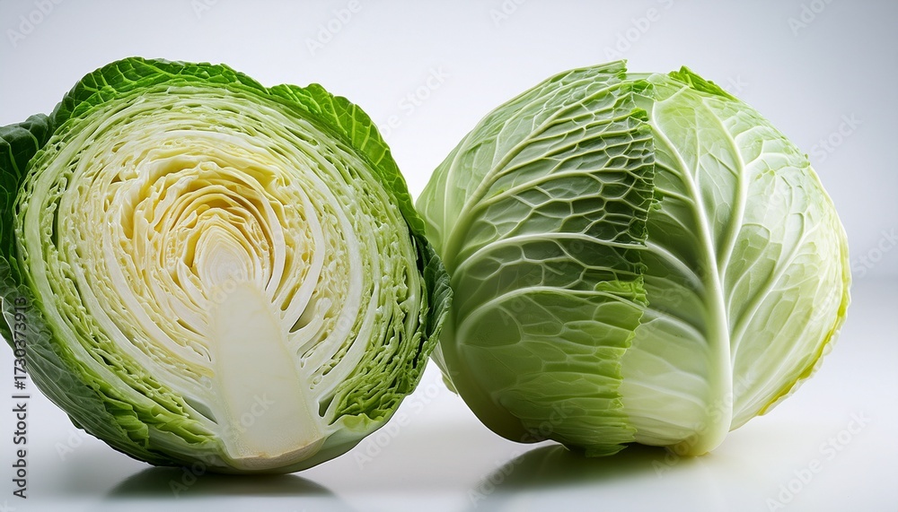 Fototapeta premium Fresh Green Cabbage Whole And Halved High Resolution Image For Food Health Culinary Uses