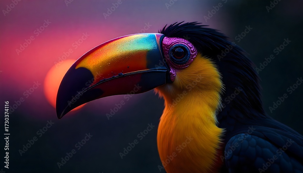Obraz premium Stunning close-up of a vibrant toucan with a colorful beak silhouetted against a dramatic sunset, capturing exotic nature and tropical beauty.