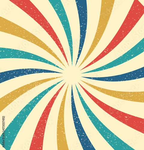 Retro sunburst background with red blue teal and yellow rays emanating from a central point design