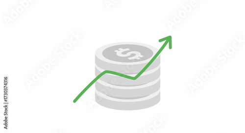 Ascending profitability depicted by green trend line over coin stack illustration