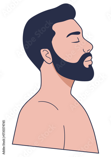 Man with beard and closed eyes on white background. Minimalism design. Side profile. Relaxation, meditation or inner peace concept.