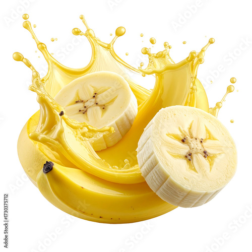 Fresh banana slices and vibrant yellow juice splashing dynamically