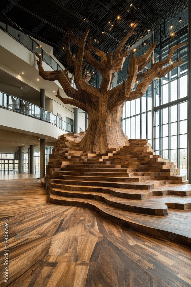 Obraz premium A large, stylized wooden tree sculpture stands in a modern, open-plan interior space, its branches reaching high, while tiered wooden seating forms a dramatic focal point.