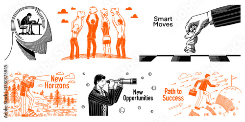 Business and teamwork concepts. Start Up and look for opportunities. Banner in hand drawn outline style for your company, management, strategy, negotiations, new horizons, success 