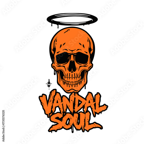 Striking orange skull with dripping halo and graffiti text 'Vandal Soul' demands attention