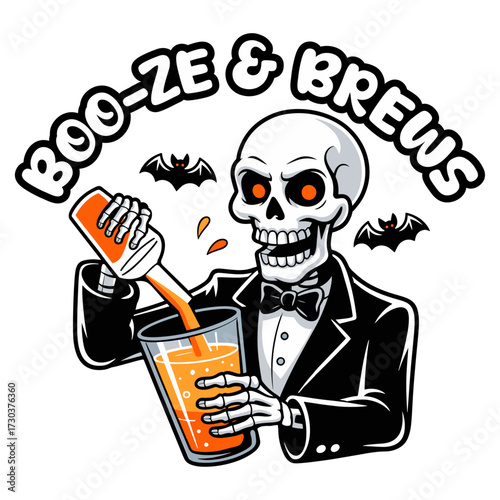 Spooky Skeleton Bartender Serving "Boo-ze & Brews" for Halloween Party Vector Illustration