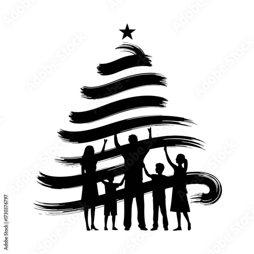 Family Celebrating Around a Christmas Tree in Minimalist Style for Holiday Cards, Seasonal Decorations, Home Decor, Websites, and Family Blogs