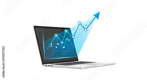 Dynamic analysis showcase illustration: Laptop display with ascending data trend visualization