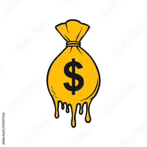 Golden money bag with dollar sign melting, symbolizing financial loss and economic instability