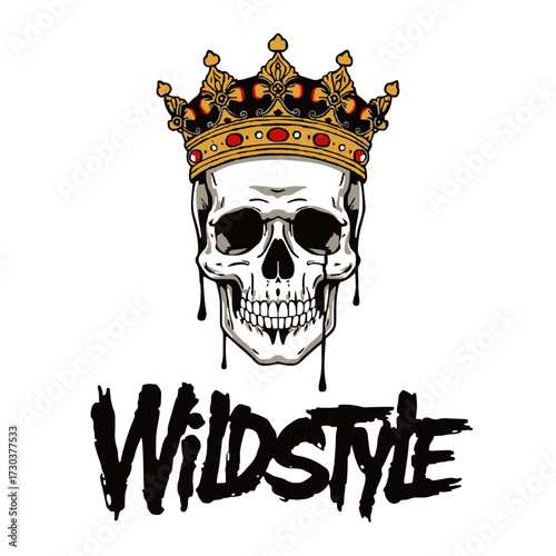 Edgy skull crowned king with dripping paint text "Wildstyle" for urban apparel and bold designs