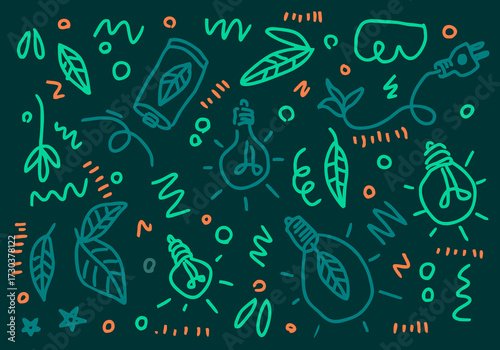 A seamless pattern illustration featuring eco-friendly doodles such as light bulbs with leaves, energy plugs, and natural symbols