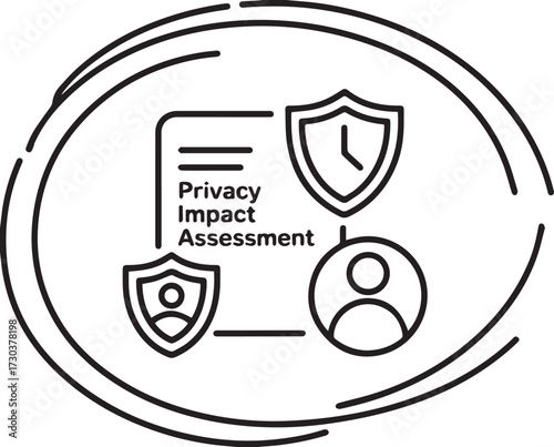 Privacy impact assessment concept with document shield and user icon inside a circular frame