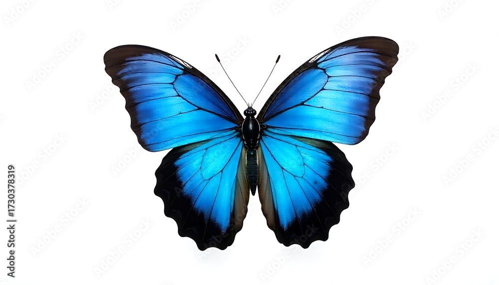 Fototapeta premium Stunning vibrant blue morpho butterfly showcases iridescent wings against a clean white background, symbolizing transformation and natural beauty.